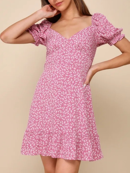 Lulus Dresses & Skirts - NWT Lulu's Grateful Feelings Pink Floral Puff Sleeve Summer Dress sz M Chic Y2K